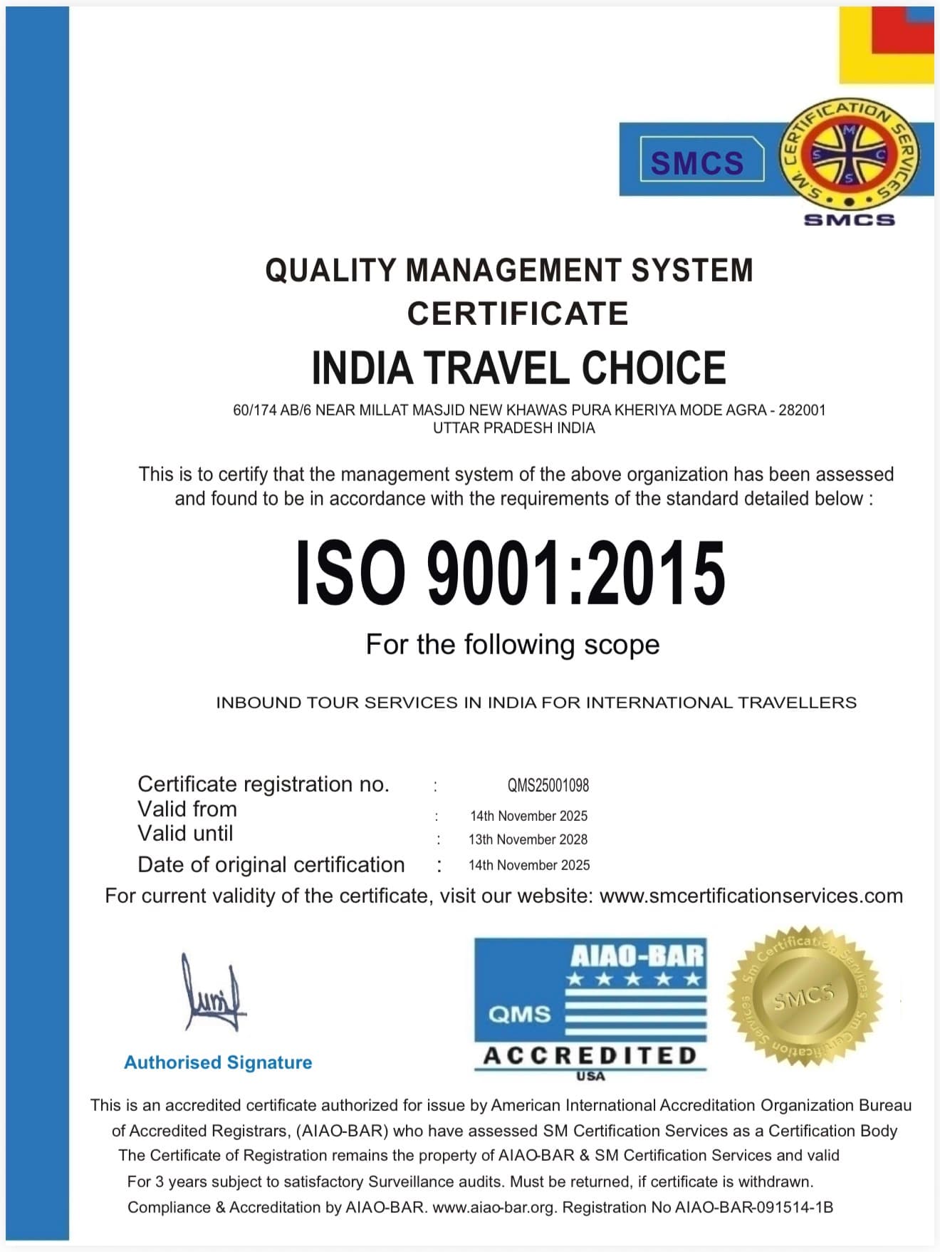ISO 9001:2015 quality management certificate issued to India Travel Choice