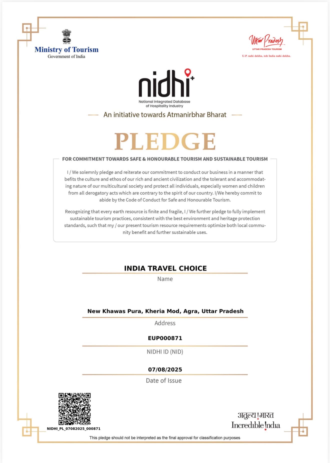 Ministry of Tourism NIDHI pledge certificate issued to India Travel Choice